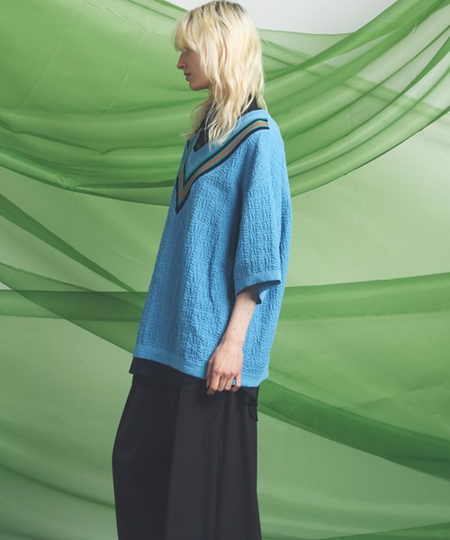MAISON SPECIAL(メゾンスペシャル)の「《UNISEX》V-neck Tilden Prime-Over Short Sleeve Knit T-shirt/VネックチルデンプライムオーバーショートスリーブニットTシャツ【MAISON SPECIAL/メゾンスペシャル】(Tシャツ/カットソー・メンズ・レッド/ブラック/ライトブルー・0/1/2)」の15枚目の写真