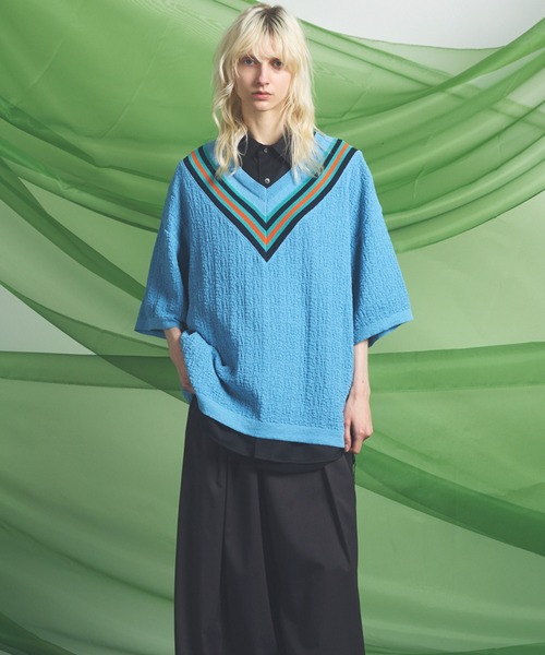 MAISON SPECIAL(メゾンスペシャル)の「《UNISEX》V-neck Tilden Prime-Over Short Sleeve Knit T-shirt/VネックチルデンプライムオーバーショートスリーブニットTシャツ【MAISON SPECIAL/メゾンスペシャル】(Tシャツ/カットソー・メンズ・レッド/ブラック/ライトブルー・0/1/2)」の14枚目の写真