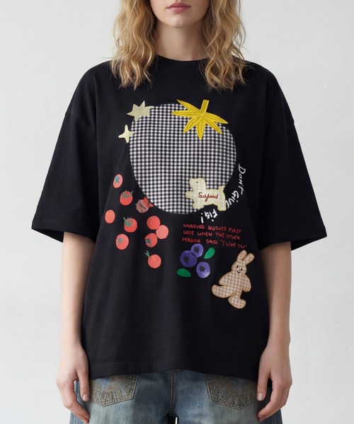 HOOK(フック)の「ギンガムパッチワークフルーツモチーフ半袖ビッグTEE (SS)(Tシャツ/カットソー・メンズ・ブラック/ホワイト・FREE)」の2枚目の写真