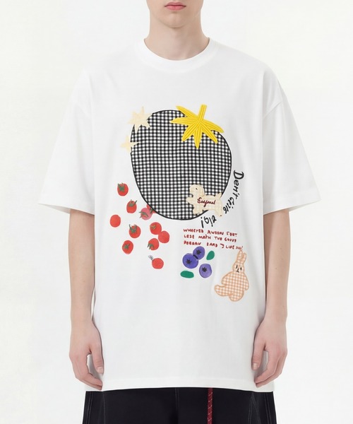 HOOK(フック)の「ギンガムパッチワークフルーツモチーフ半袖ビッグTEE (SS)(Tシャツ/カットソー・メンズ・ブラック/ホワイト・FREE)」の4枚目の写真