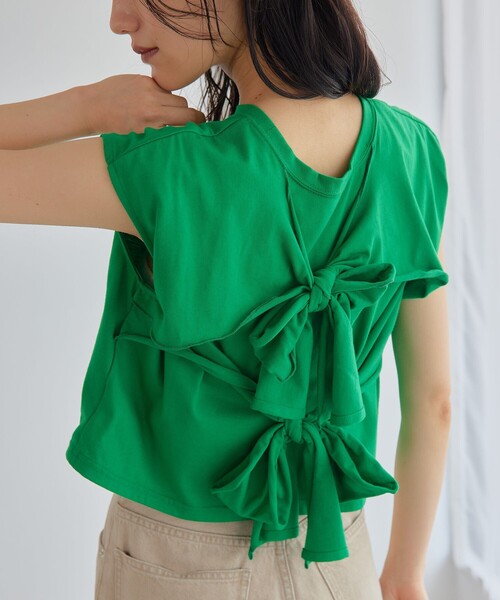 EMMEL REFINES(エメルリファインズ)の「<EMMEL REFINES>EM 2リボン ショート プルオーバー(Tシャツ/カットソー・レディース・ホワイト/ダークブラウン/ケリーグリーン・FREE)」の6枚目の写真