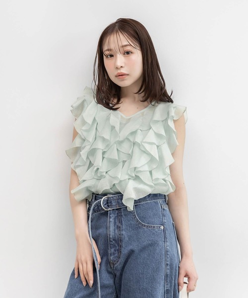 RANDA(ランダ)の「シアーラッフルノースリーブブラウス(シャツ/ブラウス・レディース・ピンク/ホワイト/ミント・FREE)」の3枚目の写真