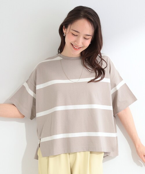SHOO・LA・RUE(シューラルー)の「【ひんやり/S-LL】涼しげで爽やか 太ボーダー斜め切り替えTシャツ(Tシャツ/カットソー・レディース・ブラック系2/ブルー系その他4/ベージュ系2/スモーキーグリーン系3・04/03/02/01)」の18枚目の写真