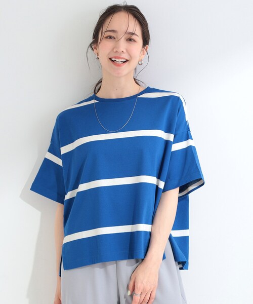 SHOO・LA・RUE(シューラルー)の「【ひんやり/S-LL】涼しげで爽やか 太ボーダー斜め切り替えTシャツ(Tシャツ/カットソー・レディース・ブラック系2/ブルー系その他4/ベージュ系2/スモーキーグリーン系3・04/03/02/01)」の14枚目の写真