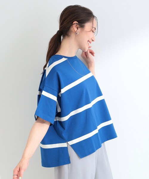 SHOO・LA・RUE(シューラルー)の「【ひんやり/S-LL】涼しげで爽やか 太ボーダー斜め切り替えTシャツ(Tシャツ/カットソー・レディース・ブラック系2/ブルー系その他4/ベージュ系2/スモーキーグリーン系3・04/03/02/01)」の13枚目の写真