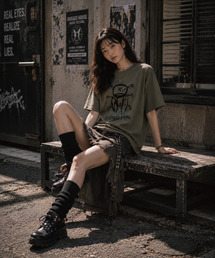 ステレオタイプピグメントウォッシングTシャツカーキグリーン