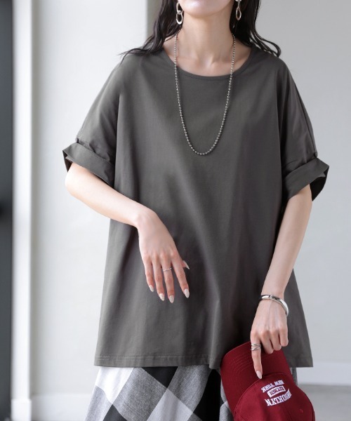 HUG.U(ハグユー)の「「体感-2℃」ロールアップこなれ袖 Tシャツ(Tシャツ/カットソー・レディース・ピンク/グリーン/ブラック/ダークグレー/ホワイト/イエロー・FREE)」の4枚目の写真