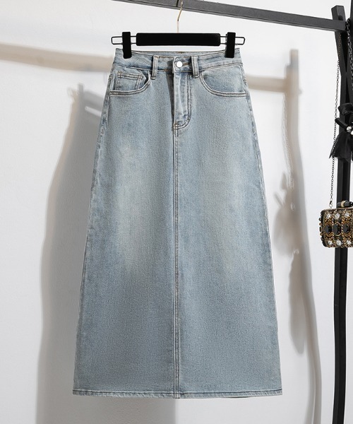 AMAJI(アマジ)の「ウォッシュド ハイウエスト Aライン デニムパンツスカート(スカート・レディース・ライトブルー・SMALL/MEDIUM/LARGE/X-LARGE)」の2枚目の写真