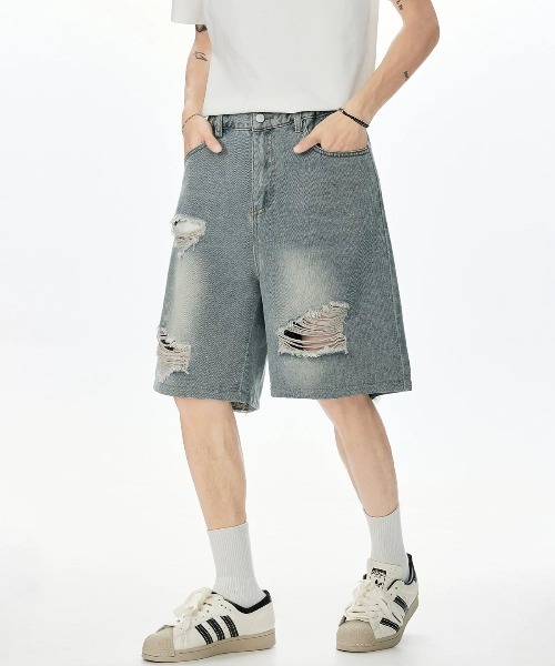 DOUBLE STEAL(ダブルスティール)の「DSダメージデニムショーツ(デニムパンツ・メンズ・ブルー/ブラック・X-LARGE/LARGE/MEDIUM)」の2枚目の写真