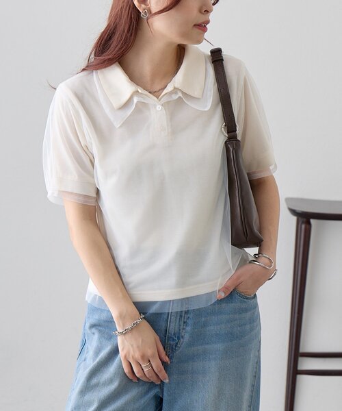 DISCOAT（ディスコート）の「【WEB限定】チュールレイヤードポロプルオーバー（Tシャツ/カットソー・レディース・ホワイト系その他/サックスブルー・MEDIUM）」の7枚目の写真