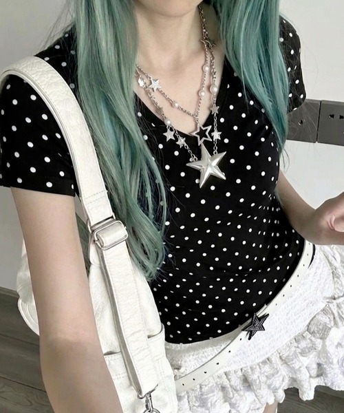 おしゃれスタ(オシャレスタ)の「ドット柄 Vネック Tシャツ(Tシャツ/カットソー・レディース・イエロー/ブラック/ホワイト/ミント・XL/L/S/M)」の3枚目の写真