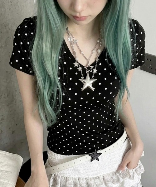 おしゃれスタ(オシャレスタ)の「ドット柄 Vネック Tシャツ(Tシャツ/カットソー・レディース・イエロー/ブラック/ホワイト/ミント・XL/L/S/M)」の7枚目の写真