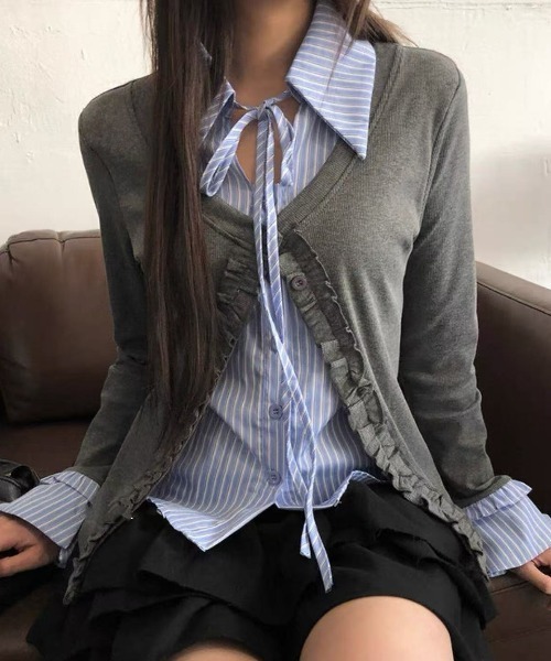STRIPEシャツ‑레이어드 свободная рубашка с волнистыми фризами