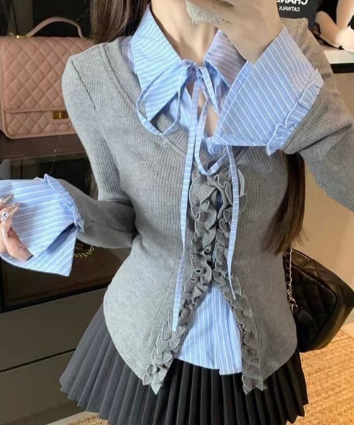 Achic(アシック)の「ストライプシャツレイヤード風フリルカーディガン(シャツ/ブラウス・レディース・グレー・M)」の11枚目の写真