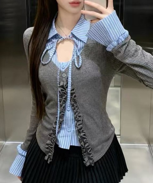 Achic(アシック)の「ストライプシャツレイヤード風フリルカーディガン(シャツ/ブラウス・レディース・グレー・M)」の14枚目の写真