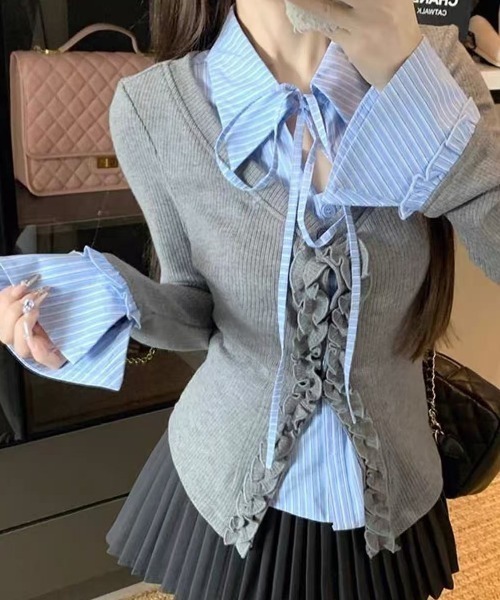 Achic(アシック)の「ストライプシャツレイヤード風フリルカーディガン(シャツ/ブラウス・レディース・グレー・M)」の18枚目の写真