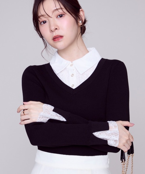 MISCH MASCH(ミッシュマッシュ)の「2026秋冬新作 レースシャツレイヤードリブニット(ニット/セーター・レディース・ブルー/ブラック/ブラウン・フリ-)」の2枚目の写真