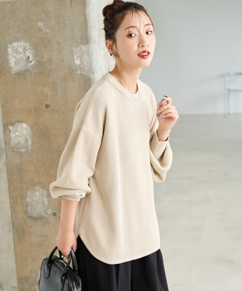 FREAK'S STORE(フリークスストア)の「限定展開 片畦 ラウンド コットン ニット プルオーバー(ニット/セーター・レディース・グリーン/ダークブラウン/ネイビー/ブラック/ピンク/サックスブルー/ライトグレー/ナチュラル/イエロー・フリ-)」の12枚目の写真