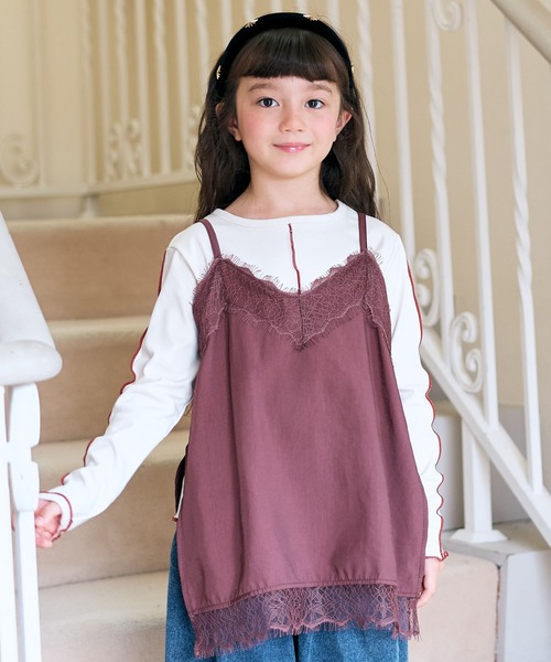 Piet(ピエット)の「【2点セット】サテンレースキャミチュニック&リブT(Tシャツ/カットソー・キッズ・ブラウン/オフホワイト・110/100/120/130)」の2枚目の写真