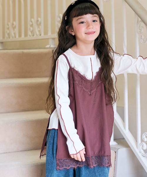 Piet(ピエット)の「【2点セット】サテンレースキャミチュニック&リブT(Tシャツ/カットソー・キッズ・ブラウン/オフホワイト・110/100/120/130)」の8枚目の写真