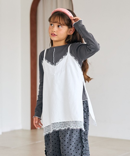 Piet(ピエット)の「【2点セット】サテンレースキャミチュニック&リブT(Tシャツ/カットソー・キッズ・ブラウン/オフホワイト・110/100/120/130)」の5枚目の写真