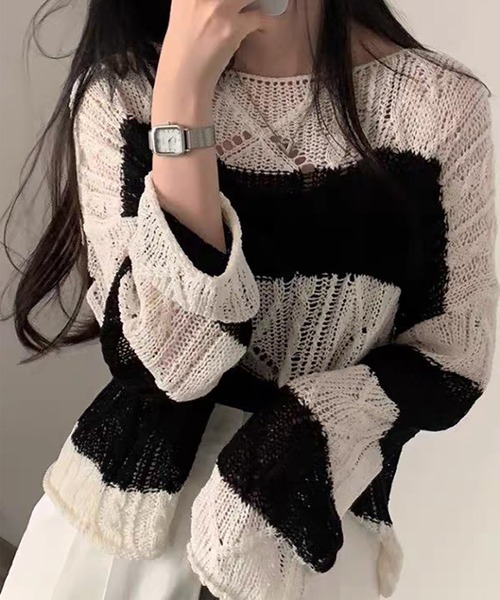 Girly Doll（ガーリードール）の「ワイドボーダーサマーニット（その他トップス・レディース・ブラック・FREE）」の5枚目の写真