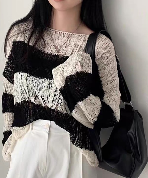 Girly Doll（ガーリードール）の「ワイドボーダーサマーニット（その他トップス・レディース・ブラック・FREE）」の4枚目の写真
