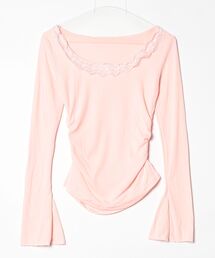 襟レース付き脇シャーリング長袖Tシャツ