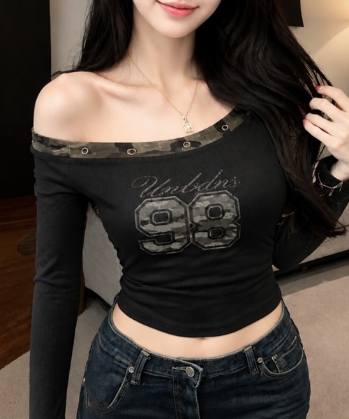 Riff(リフ)の「迷彩柄切替デザイントップス ショート丈(Tシャツ/カットソー・レディース・ホワイト・FREE)」の9枚目の写真