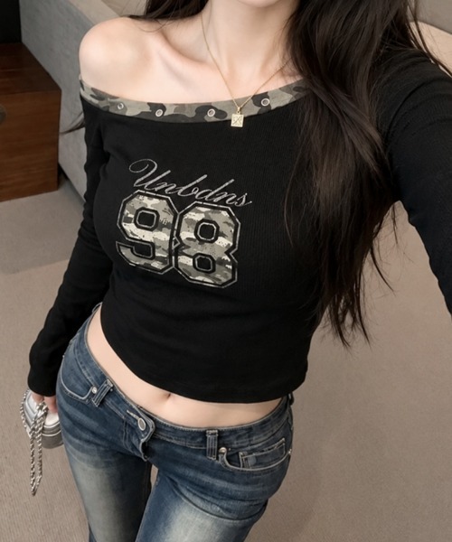 Riff(リフ)の「迷彩柄切替デザイントップス ショート丈(Tシャツ/カットソー・レディース・ホワイト・FREE)」の10枚目の写真