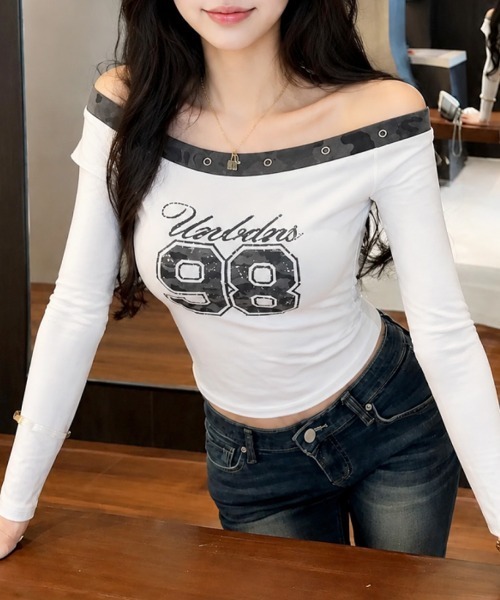 Riff(リフ)の「迷彩柄切替デザイントップス ショート丈(Tシャツ/カットソー・レディース・ホワイト・FREE)」の6枚目の写真