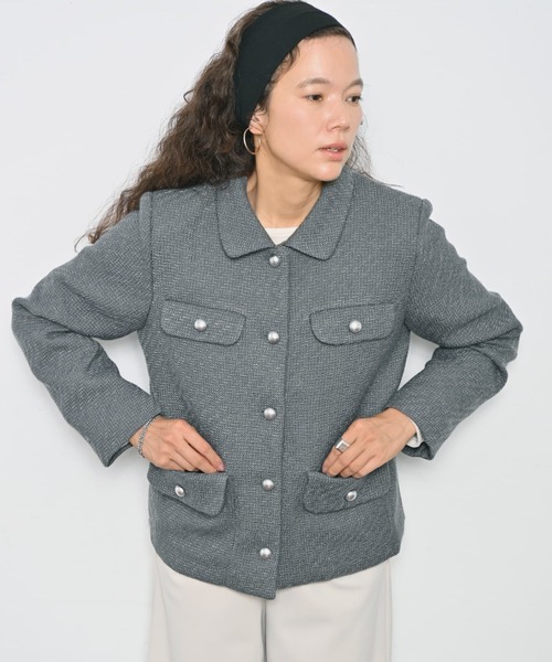 Brown&Street（ブラウンアンドストリート）の「【きちんと見え】ラウンドカラーツイードジャケット（その他アウター・レディース・グレー/ネイビー・FREE）」の4枚目の写真