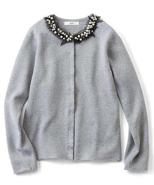 IEDIT（イディット）の「アクセいらずの華やかさ　ビジュー付きミラノリブカーディガン（カーディガン/ボレロ・レディース・グレー/ピンク/ブラック・MEDIUM/SMALL/XX-LARGE/LARGE/X-LARGE）」の3枚目の写真