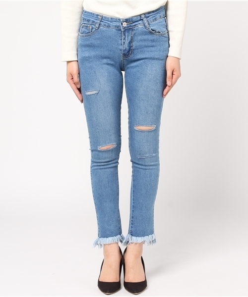 Re:EDIT（リエディ）の「[リエディ]裾フリンジダメージスキニーデニムボトムス/パンツ/デニムパンツ/デザインデニム/スキニーデニム（その他パンツ・レディース・ブルー系その他/インディゴブルー/サックスブルー/ワンウォッシュ・MEDIUM/SMALL）」の5枚目の写真