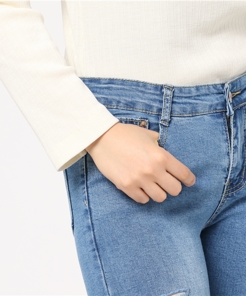 Re:EDIT（リエディ）の「[リエディ]裾フリンジダメージスキニーデニムボトムス/パンツ/デニムパンツ/デザインデニム/スキニーデニム（その他パンツ・レディース・ブルー系その他/インディゴブルー/サックスブルー/ワンウォッシュ・MEDIUM/SMALL）」の10枚目の写真