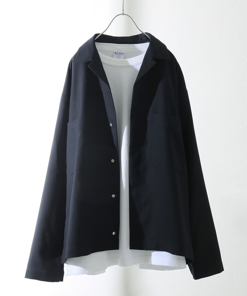 JOURNAL STANDARD relume（ジャーナルスタンダード　レリューム）の「メッシュドビー オープンカラーシャツブルゾン#（シャツ/ブラウス・メンズ・ネイビー/グレー・MEDIUM/LARGE）」の2枚目の写真