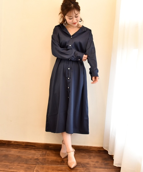 LHELBIE（レルビエ）の「2wayシャツロングワンピース（シャツワンピース・レディース・ベージュ/サックスブルー/ラベンダー/ネイビー・M）」の13枚目の写真