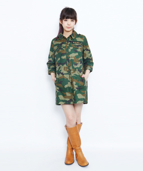 X-girl（エックスガール）の「ARMY SHIRT DRESS（ワンピース・レディース・カモフラージュ/オリーブ/ネイビー・1/2）」の12枚目の写真