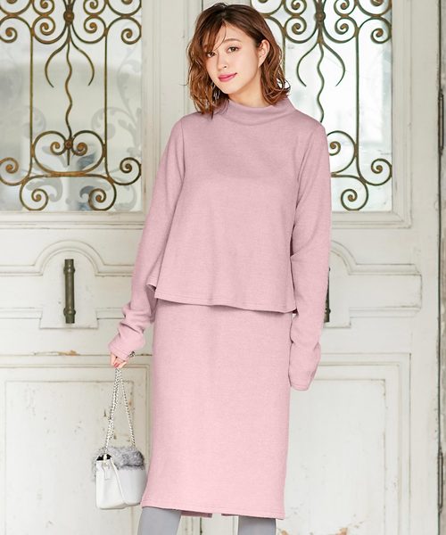 セール】リブニットソーフレアトップス+タイトスカートセットアップ