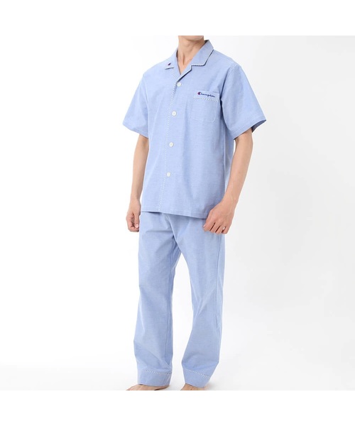 Champion チャンピオン の Champion メンズ ルームウェアセットアップ 半袖長パンツ 綿100 ダンガリー ルームウェア パジャマ Wear