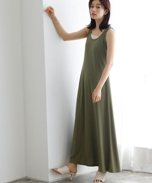 無地ノースリーブワンピースオフィス上品 ○無地ノースリーブ美ラインワンピース ノーマル ロング丈