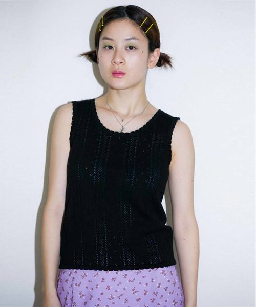 X-girl(エックスガール)の「OPENWORK KNIT TANK TOP(タンクトップ・レディース・ホワイト/ブラック/イエロー・ONE SIZE)」の3枚目の写真