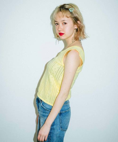 X-girl(エックスガール)の「OPENWORK KNIT TANK TOP(タンクトップ・レディース・ホワイト/ブラック/イエロー・ONE SIZE)」の4枚目の写真
