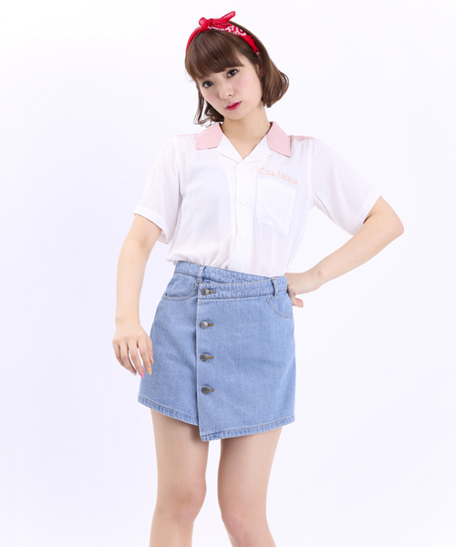 WEGO(ウィゴー)の「WEGO/デニムアシメショートパンツ(デニムパンツ・レディース・インディゴブルー/ライトインディゴブルー・MEDIUM/LARGE)」の2枚目の写真