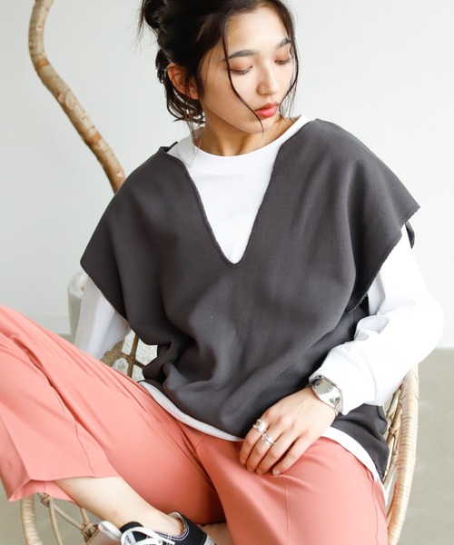Auntie Rosa Holiday(アンティローザホリデー)の「キーネックガーゼスウェットベスト(ベスト・レディース・ブラック/カーキ/ナチュラル・FREE)」の1枚目の写真