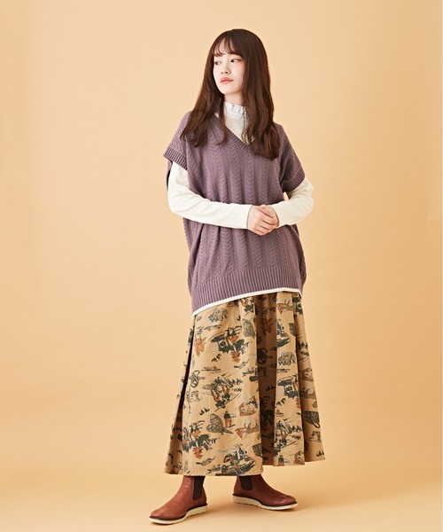 CUBE SUGAR（キューブシュガー）の「アウトドアプリント ツイル ギャザー フレアスカート（スカート・レディース・ベージュ/ブルー/カーキ・M）」の12枚目の写真