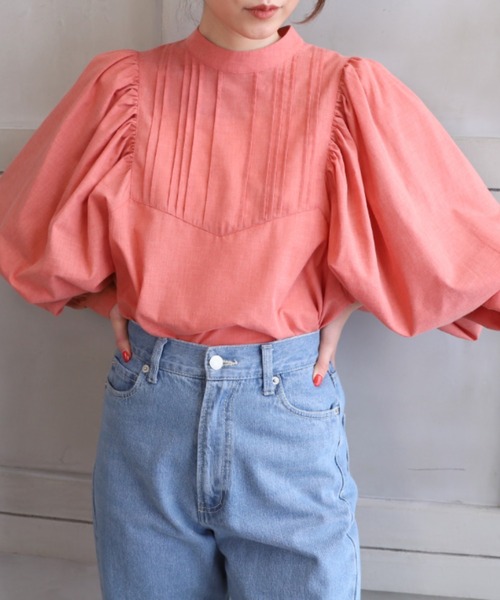 moment+*NewArrival*T/Cシャンブレースタンドカラーボリュームスリーブピンタックブラウス