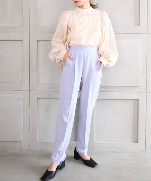 moment+*NewArrival*T/Cシャンブレースタンドカラーボリュームスリーブピンタックブラウス