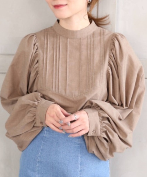 moment+*NewArrival*T/Cシャンブレースタンドカラーボリュームスリーブピンタックブラウス