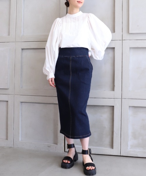 moment+*NewArrival*T/Cシャンブレースタンドカラーボリュームスリーブピンタックブラウス